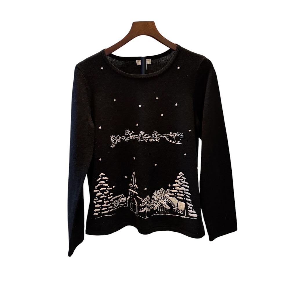 Christopher & Banks Black Christmas Sweater Embroidered Winter Village Scene S
